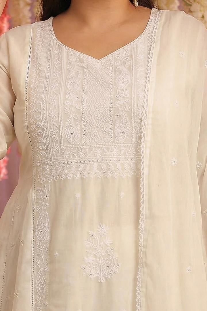 White Mulmul Chikankari Embroidered Flared Anarkali Set by Scakhi Luxe at Pernia's Pop Up Shop