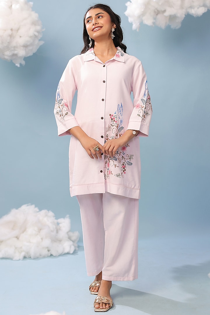 Pink Cotton Blend Embroidered Co-Ord Set by Scakhi Luxe at Pernia's Pop Up Shop