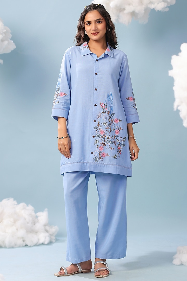 Powder Blue Cotton Blend Embroidered Co-Ord Set by Scakhi Luxe at Pernia's Pop Up Shop