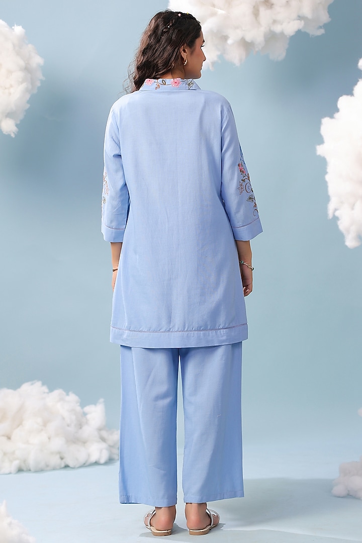 Powder Blue Cotton Blend Embroidered Co-Ord Set by Scakhi Luxe at Pernia's Pop Up Shop