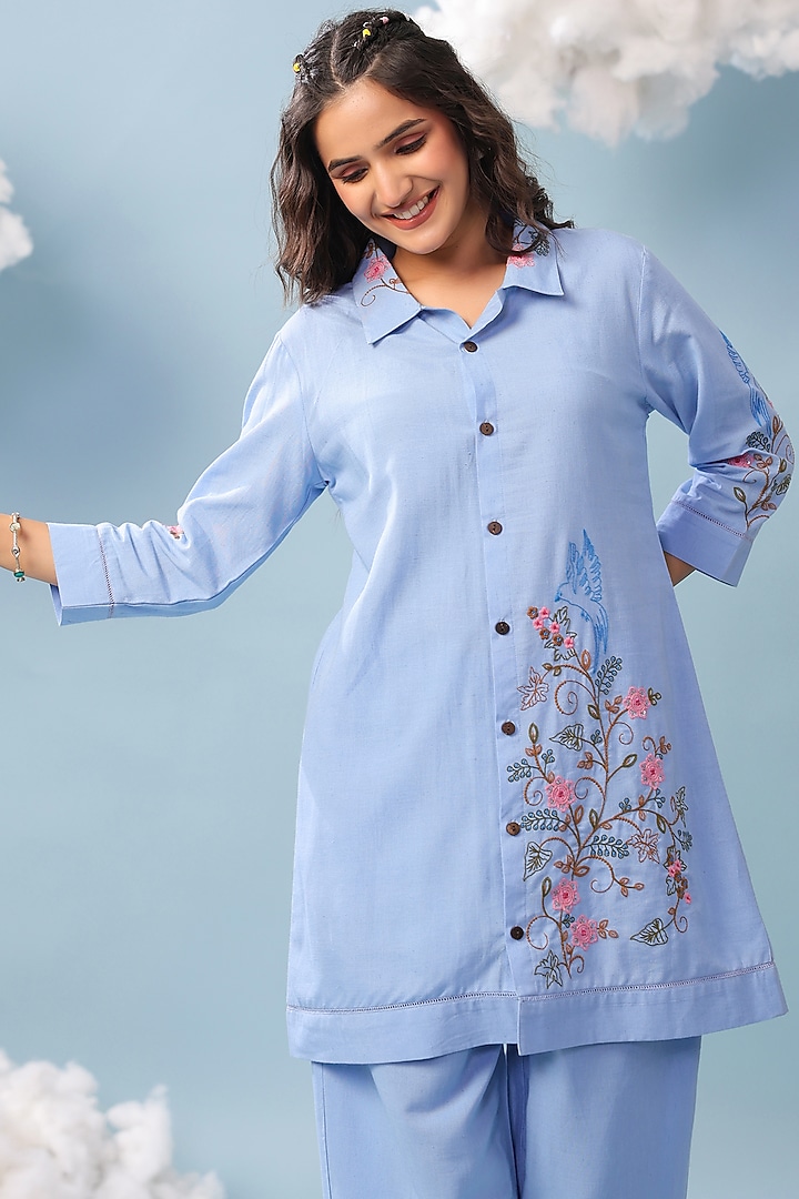 Powder Blue Cotton Blend Embroidered Co-Ord Set by Scakhi Luxe at Pernia's Pop Up Shop