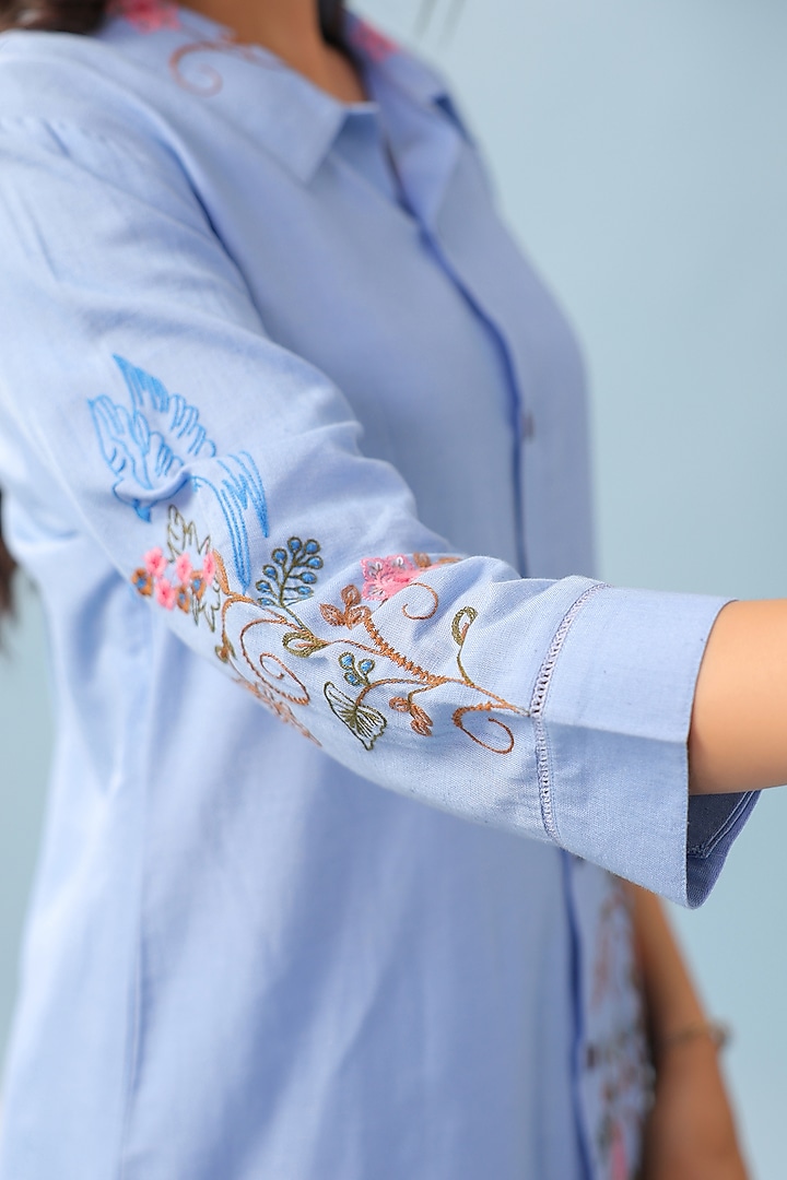 Powder Blue Cotton Blend Embroidered Co-Ord Set by Scakhi Luxe at Pernia's Pop Up Shop