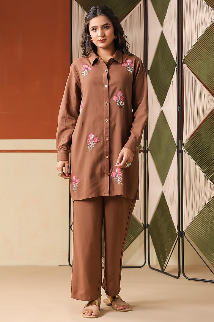 Chocolate Brown Cotton Blend Embroidered Co-Ord Set by Scakhi Luxe at Pernia's Pop Up Shop