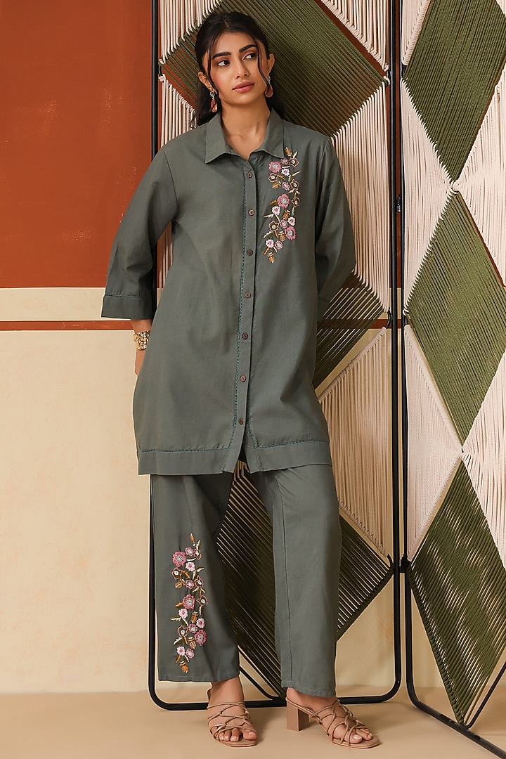 Sage Green Cotton Blend Embroidered Co-Ord Set by Scakhi Luxe at Pernia's Pop Up Shop