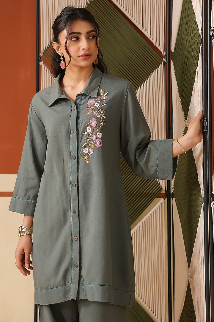 Sage Green Cotton Blend Embroidered Co-Ord Set by Scakhi Luxe at Pernia's Pop Up Shop