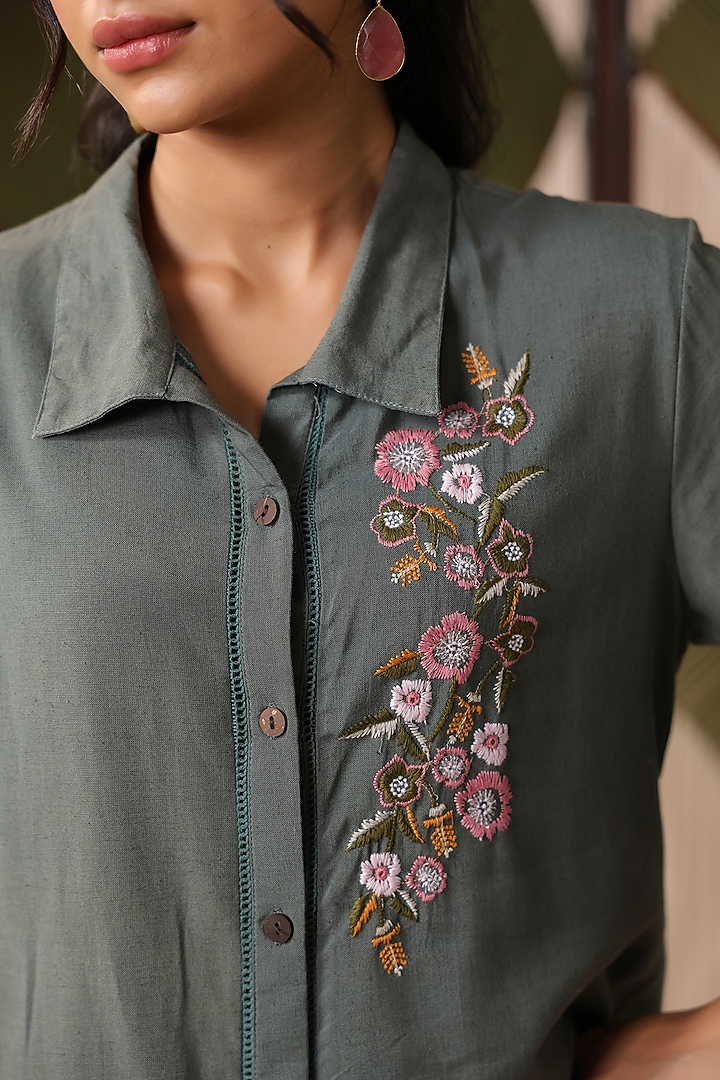 Sage Green Cotton Blend Embroidered Co-Ord Set by Scakhi Luxe at Pernia's Pop Up Shop