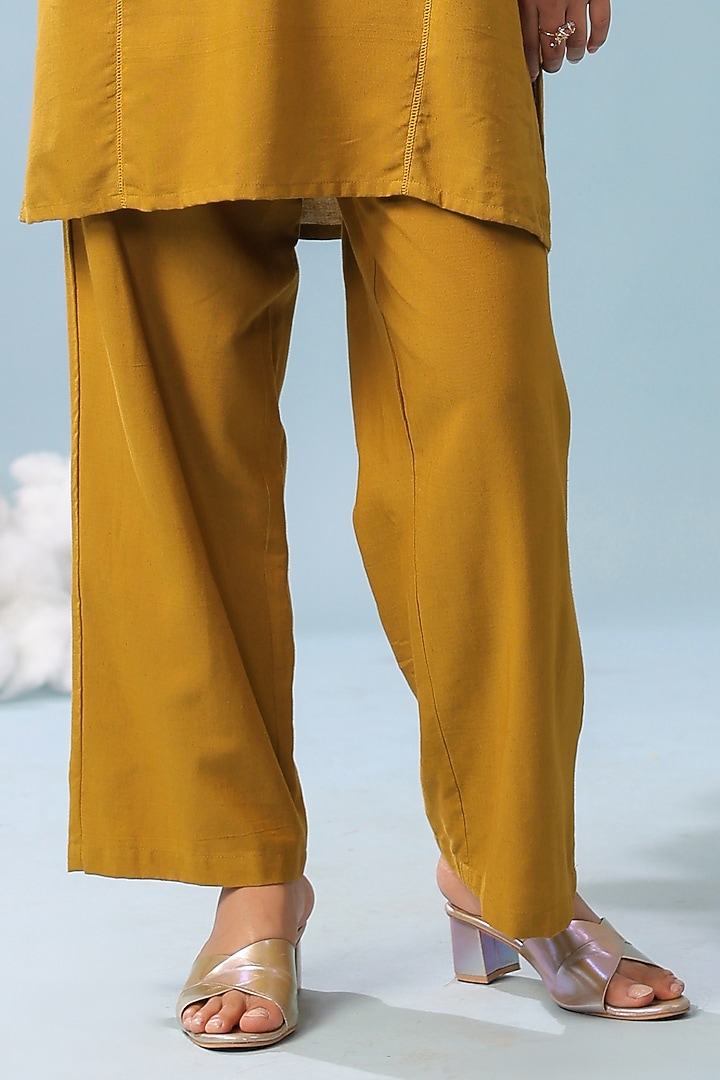 Olive Cotton Blend Embroidered Paneled Kurta Set by Scakhi Luxe at Pernia's Pop Up Shop