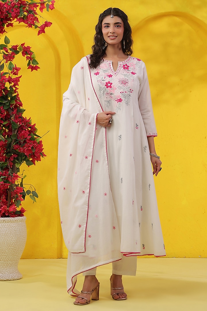 White & Fuchsia Cotton Mulmul Sequin Embroidered Anarkali Set by Scakhi Luxe at Pernia's Pop Up Shop