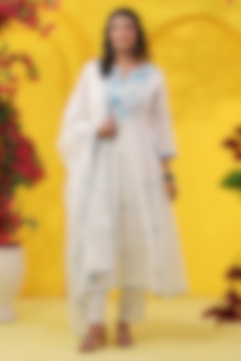 White & Turquoise Cotton Mulmul Sequin Embroidered Anarkali Set by Scakhi Luxe at Pernia's Pop Up Shop