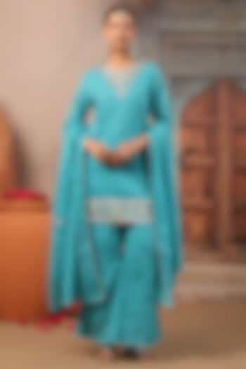 Turquoise Cotton Mulmul Gota Embroidered Kurta Set by Scakhi Luxe at Pernia's Pop Up Shop