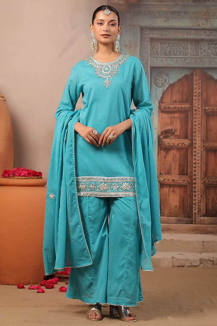 Turquoise Cotton Mulmul Gota Embroidered Kurta Set by Scakhi Luxe at Pernia's Pop Up Shop