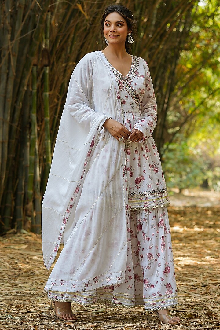 White Cotton Mulmul Printed Sharara Set by Scakhi Luxe at Pernia's Pop Up Shop
