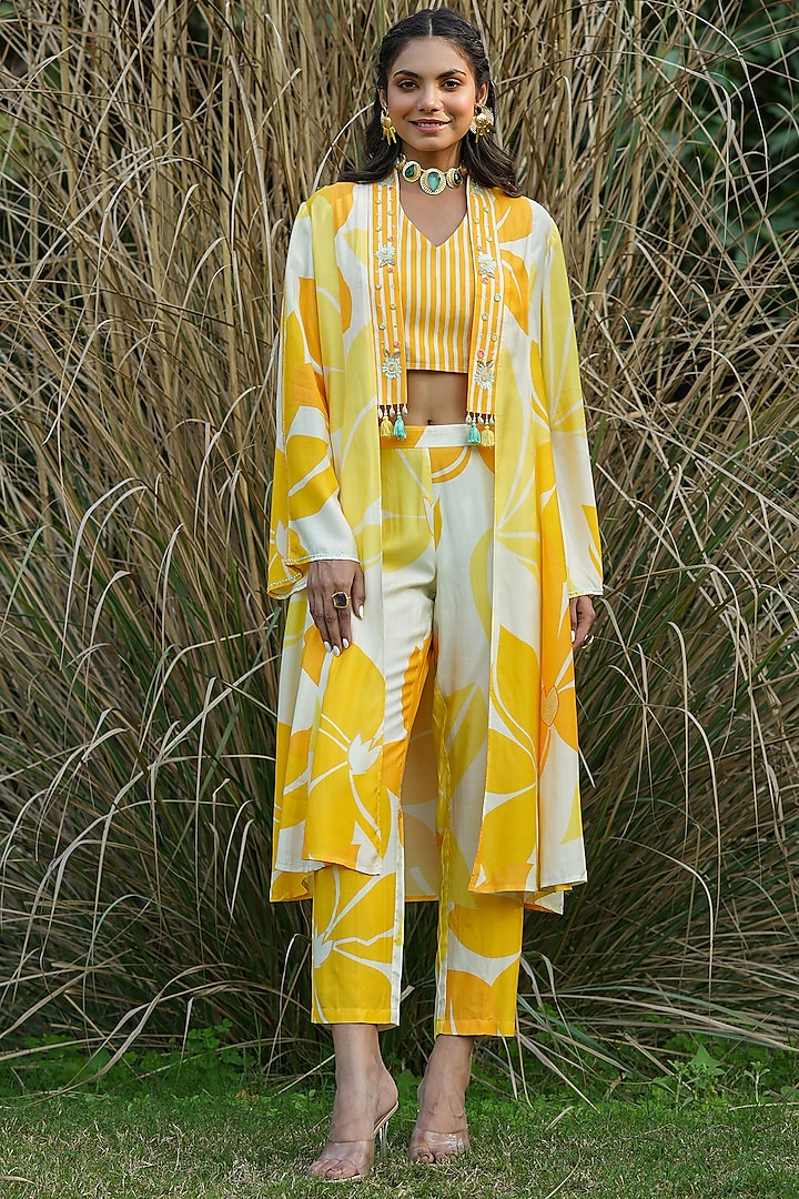 Yellow Muslin Silk Printed Cape Set by Scakhi