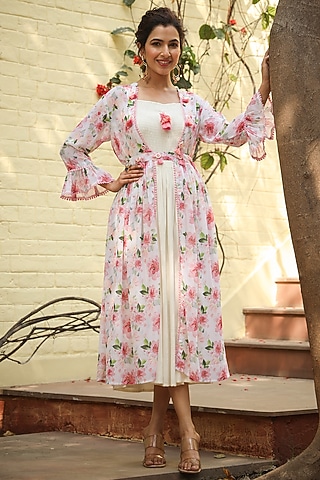 Pink Rayon Embroidered Dress With Printed Shrug by Scakhi Luxe