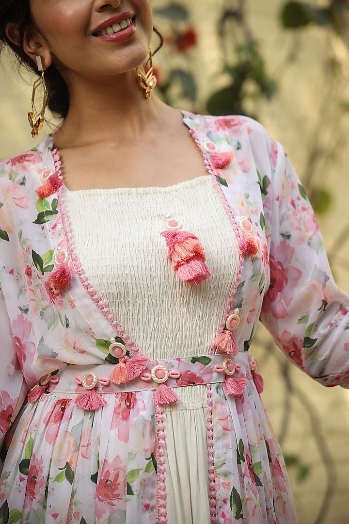 Pink Rayon Embroidered Summer Dress With Printed Shrug by Scakhi Luxe at Pernia's Pop Up Shop