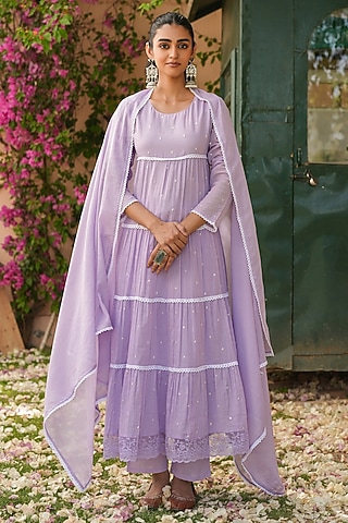 Lavender Cotton Mulmul Sequins Embellished Anarkali Set by Scakhi Luxe