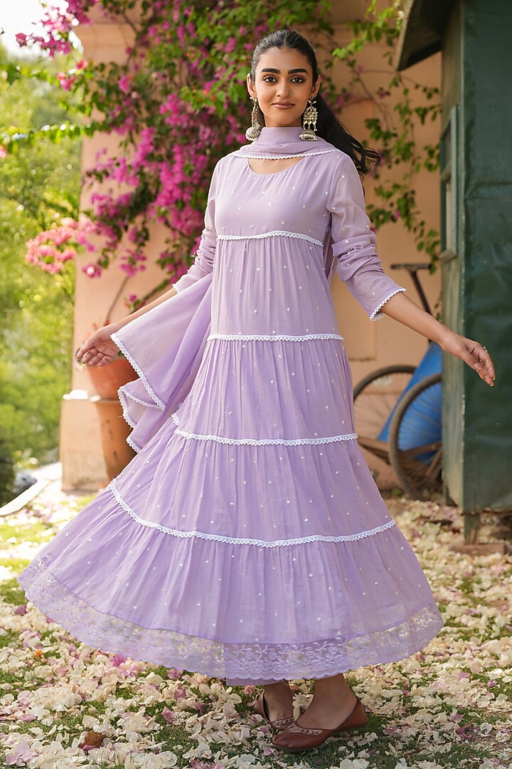 Lavender Cotton Mulmul Sequins Embellished Anarkali Set by Scakhi Luxe at Pernia's Pop Up Shop