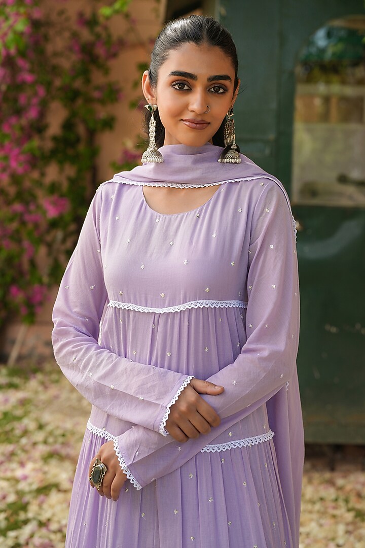 Lavender Cotton Mulmul Sequins Embellished Anarkali Set by Scakhi Luxe at Pernia's Pop Up Shop