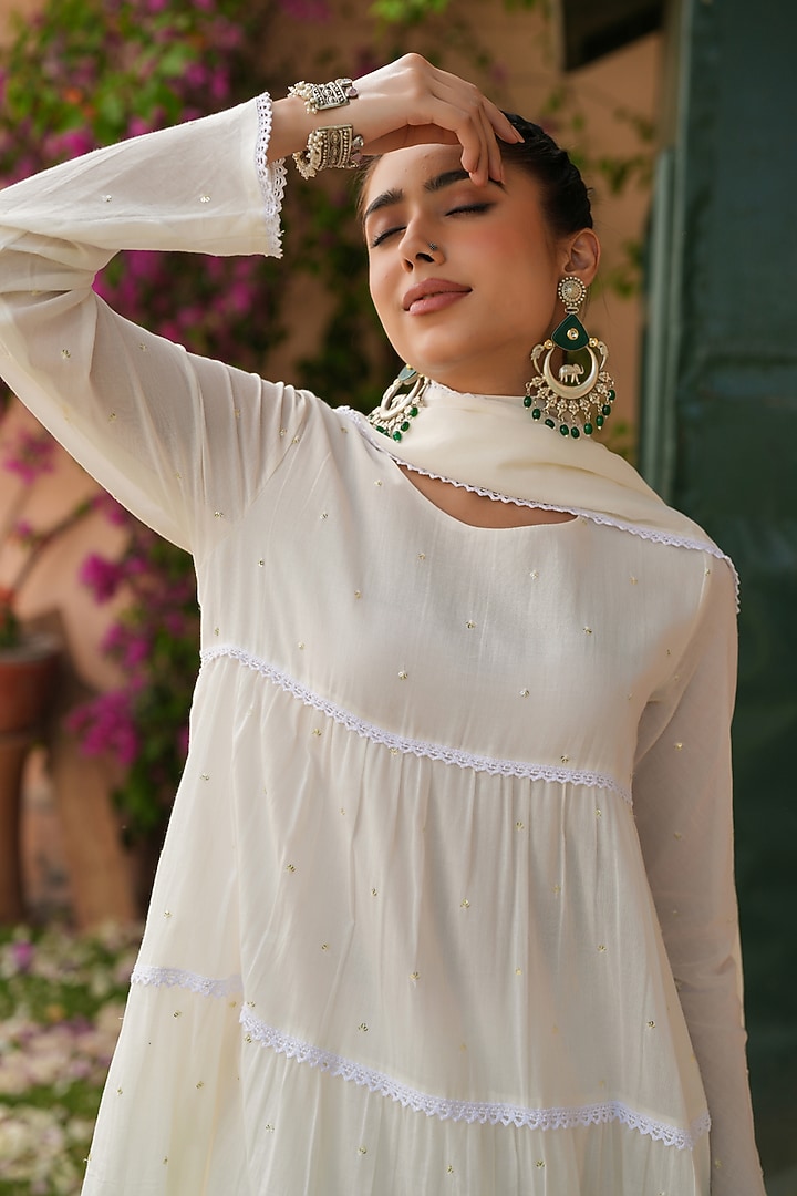 Off-White Cotton Mulmul Sequins Embellished Anarkali Set by Scakhi Luxe at Pernia's Pop Up Shop