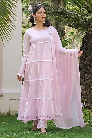 Pink Cotton Mulmul Sequins Embellished Anarkali Set by Scakhi Luxe