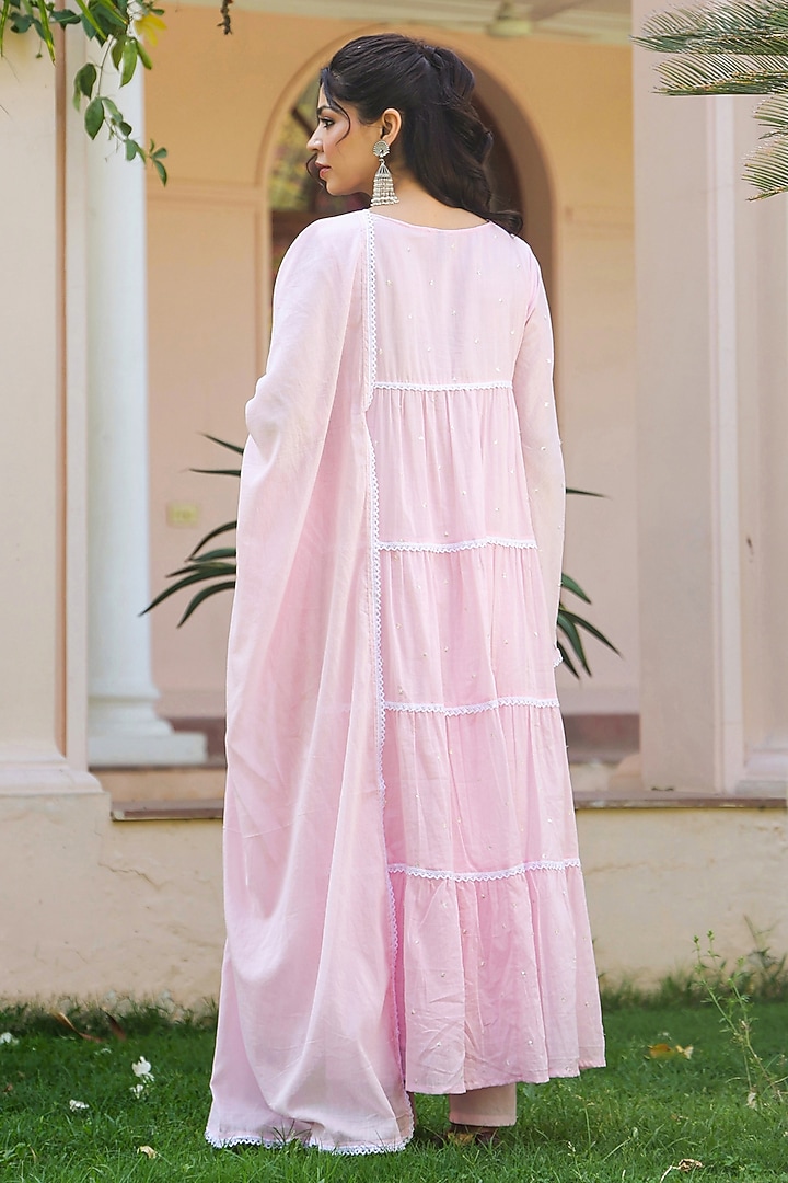 Pink Cotton Mulmul Sequins Embellished Anarkali Set by Scakhi Luxe at Pernia's Pop Up Shop