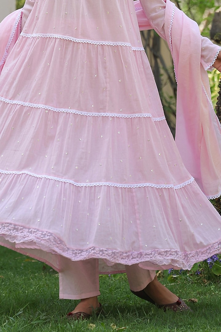 Pink Cotton Mulmul Sequins Embellished Anarkali Set by Scakhi Luxe at Pernia's Pop Up Shop