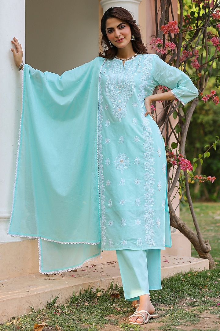Aqua Cotton Mulmul Chikankari Embroidered Kurta Set by Scakhi Luxe at Pernia's Pop Up Shop