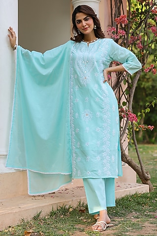 Aqua Cotton Mulmul Chikankari Embroidered Kurta Set by Scakhi Luxe