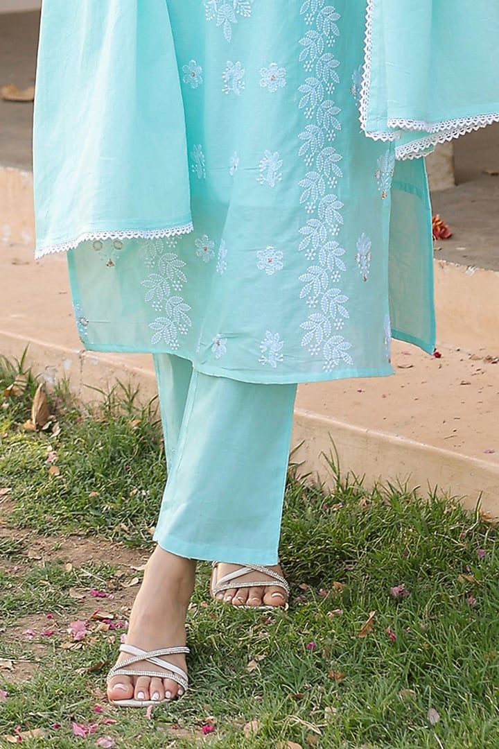 Aqua Cotton Mulmul Chikankari Embroidered Kurta Set by Scakhi Luxe at Pernia's Pop Up Shop