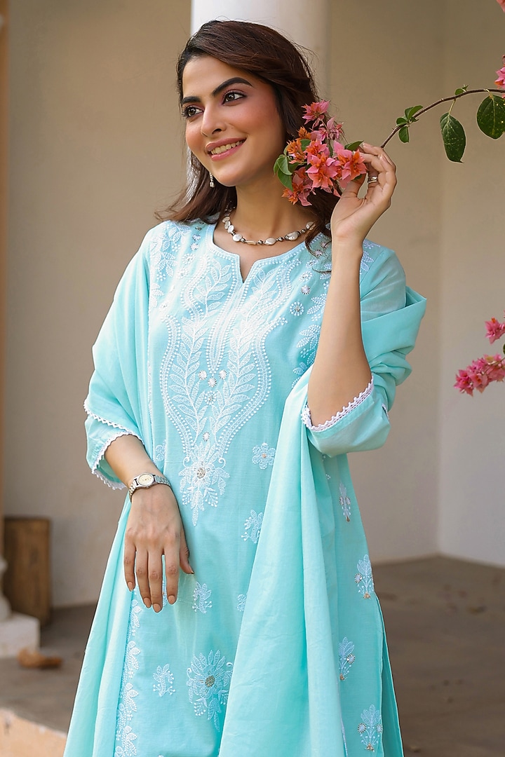 Aqua Cotton Mulmul Chikankari Embroidered Kurta Set by Scakhi Luxe at Pernia's Pop Up Shop