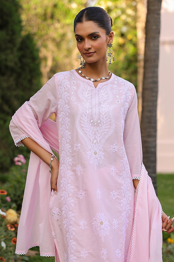 Pink Cotton Mulmul Chikankari Embroidered Kurta Set by Scakhi Luxe at Pernia's Pop Up Shop