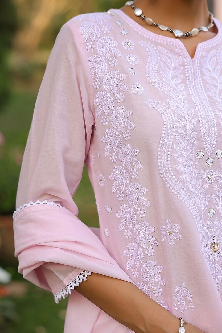 Pink Cotton Mulmul Chikankari Embroidered Kurta Set by Scakhi Luxe at Pernia's Pop Up Shop