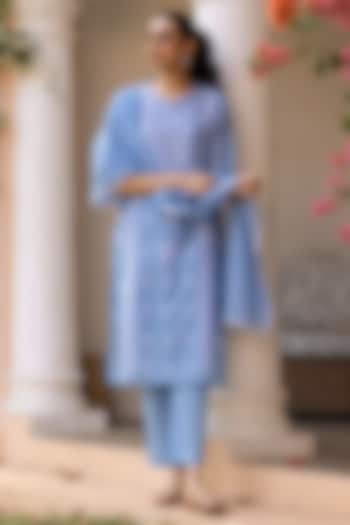 Powder Blue Cotton Mulmul Chikankari Embroidered Kurta Set by Scakhi Luxe at Pernia's Pop Up Shop