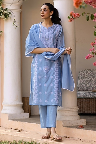 Powder Blue Cotton Mulmul Chikankari Embroidered Kurta Set by Scakhi Luxe