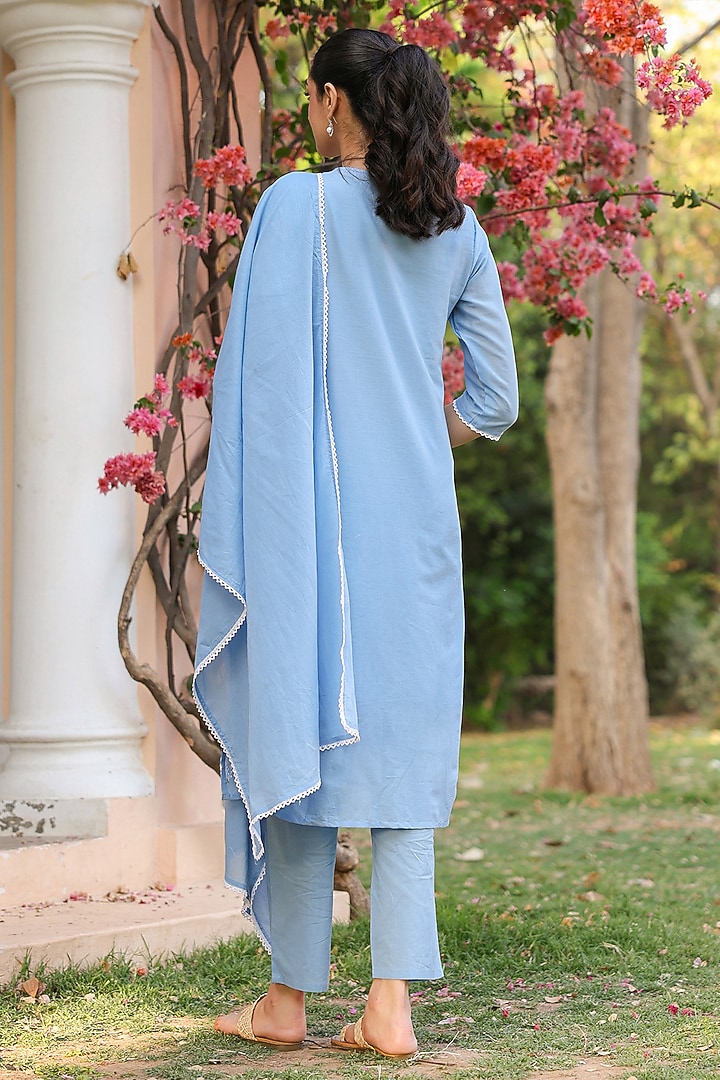 Powder Blue Cotton Mulmul Chikankari Embroidered Kurta Set by Scakhi Luxe at Pernia's Pop Up Shop