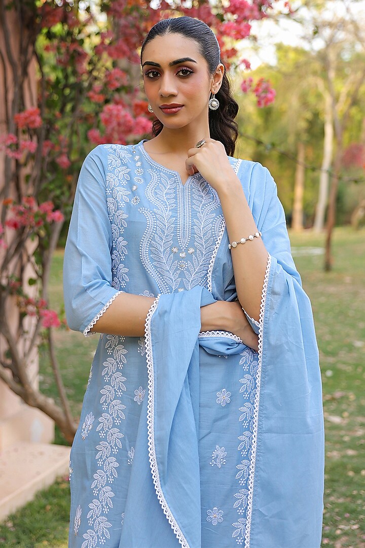 Powder Blue Cotton Mulmul Chikankari Embroidered Kurta Set by Scakhi Luxe at Pernia's Pop Up Shop
