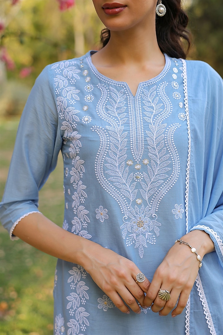 Powder Blue Cotton Mulmul Chikankari Embroidered Kurta Set by Scakhi Luxe at Pernia's Pop Up Shop