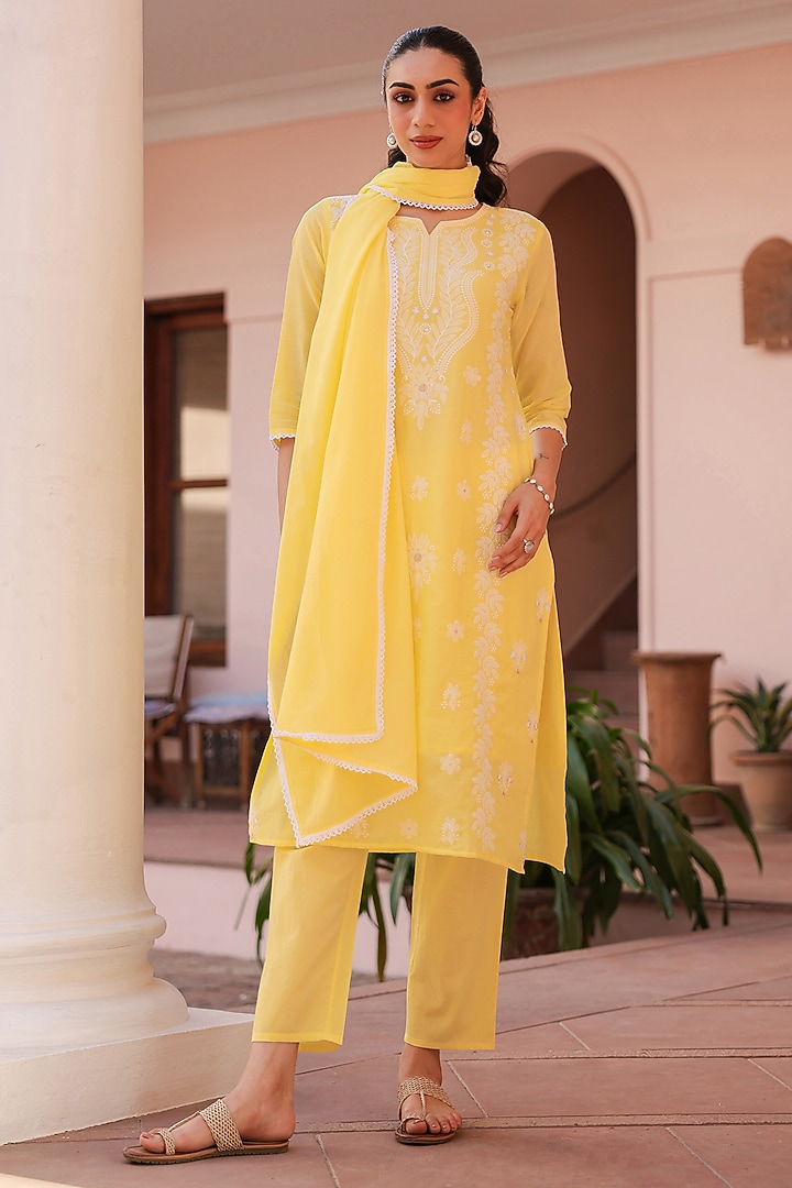 Yellow Cotton Mulmul Chikankari Embroidered Kurta Set by Scakhi Luxe at Pernia's Pop Up Shop