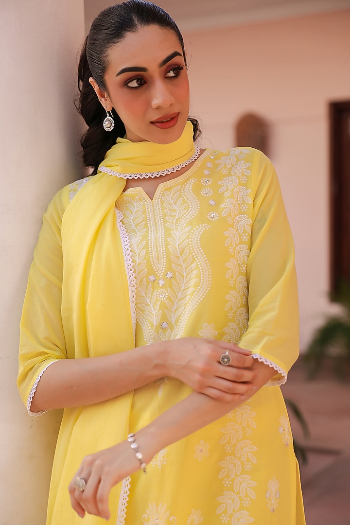 Yellow Cotton Mulmul Chikankari Embroidered Kurta Set by Scakhi Luxe at Pernia's Pop Up Shop