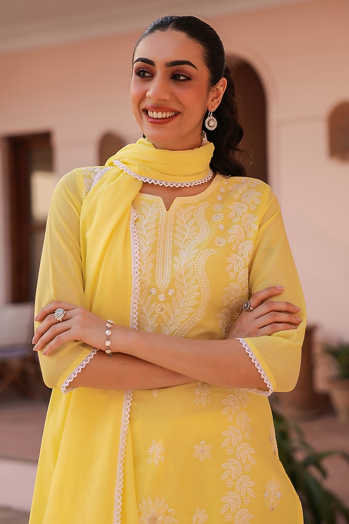 Yellow Cotton Mulmul Chikankari Embroidered Kurta Set by Scakhi Luxe at Pernia's Pop Up Shop