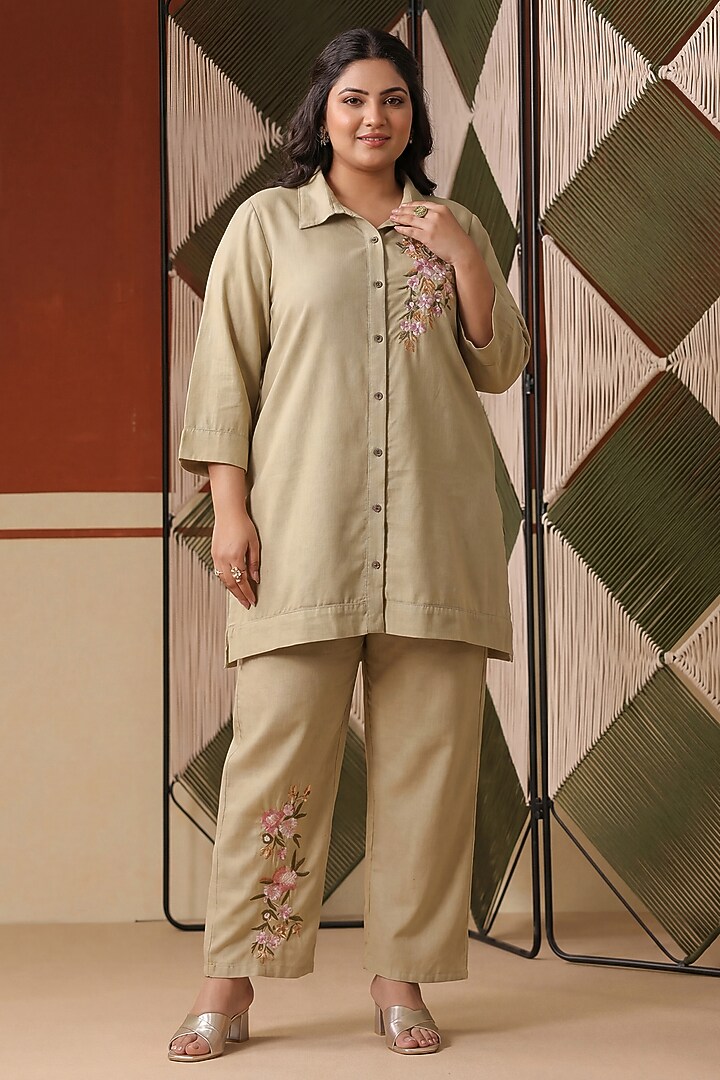 Beige Cotton Blend Embroidered Co-Ord Set by Scakhi Luxe at Pernia's Pop Up Shop