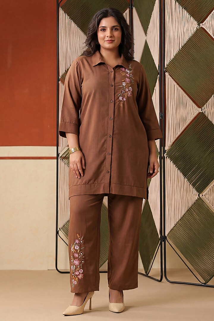 Chocolate Brown Cotton Blend Embroidered Co-Ord Set by Scakhi Luxe at Pernia's Pop Up Shop