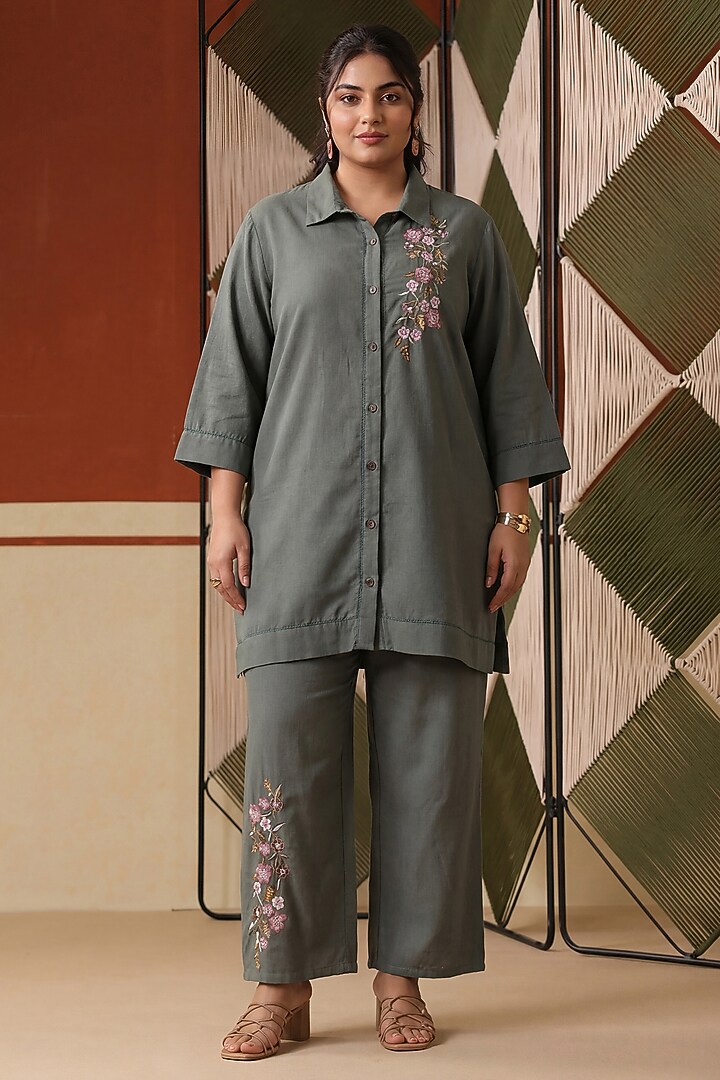 Sage Green Cotton Blend Embroidered Co-Ord Set by Scakhi Luxe at Pernia's Pop Up Shop