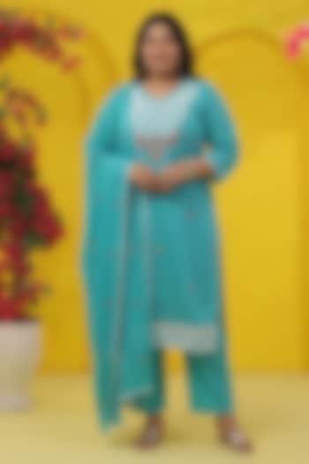 Turquoise Cotton Mulmul Thread Embroidered Straight Kurta Set by Scakhi Luxe at Pernia's Pop Up Shop