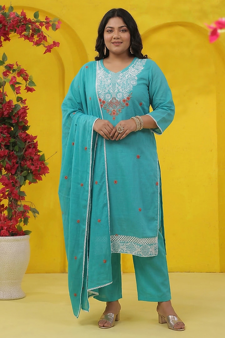 Turquoise Cotton Mulmul Thread Embroidered Straight Kurta Set by Scakhi Luxe at Pernia's Pop Up Shop