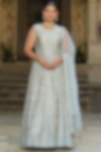 Grey Moss Satin Embroidered Anarkali Set by Scakhi Luxe at Pernia's Pop Up Shop