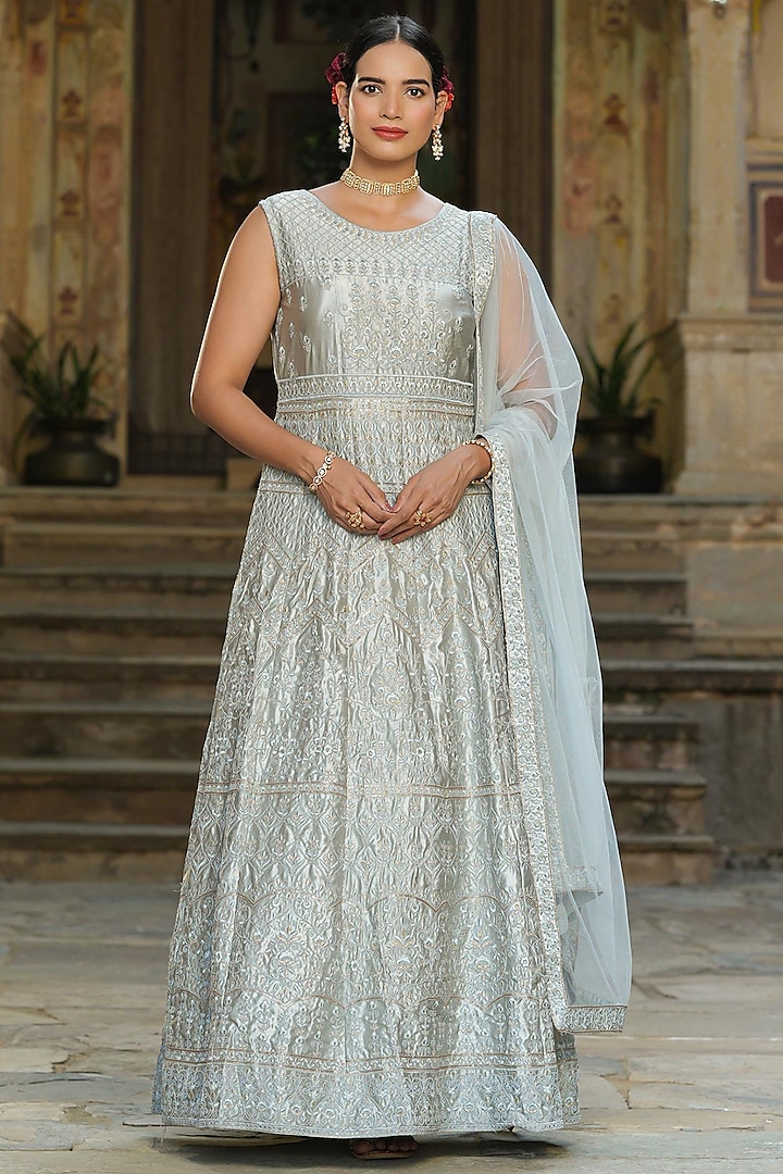 Grey Moss Satin Embroidered Anarkali Set by Scakhi