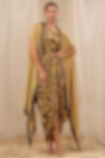 Gold Viscose Crepe Printed Gown With Cape by Scakhi