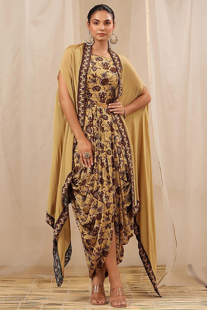 Gold Viscose Crepe Printed Gown With Cape by Scakhi