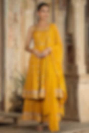 Mustard Lenzing Silk Printed & Embellished Anarkali Set by Scakhi Luxe at Pernia's Pop Up Shop